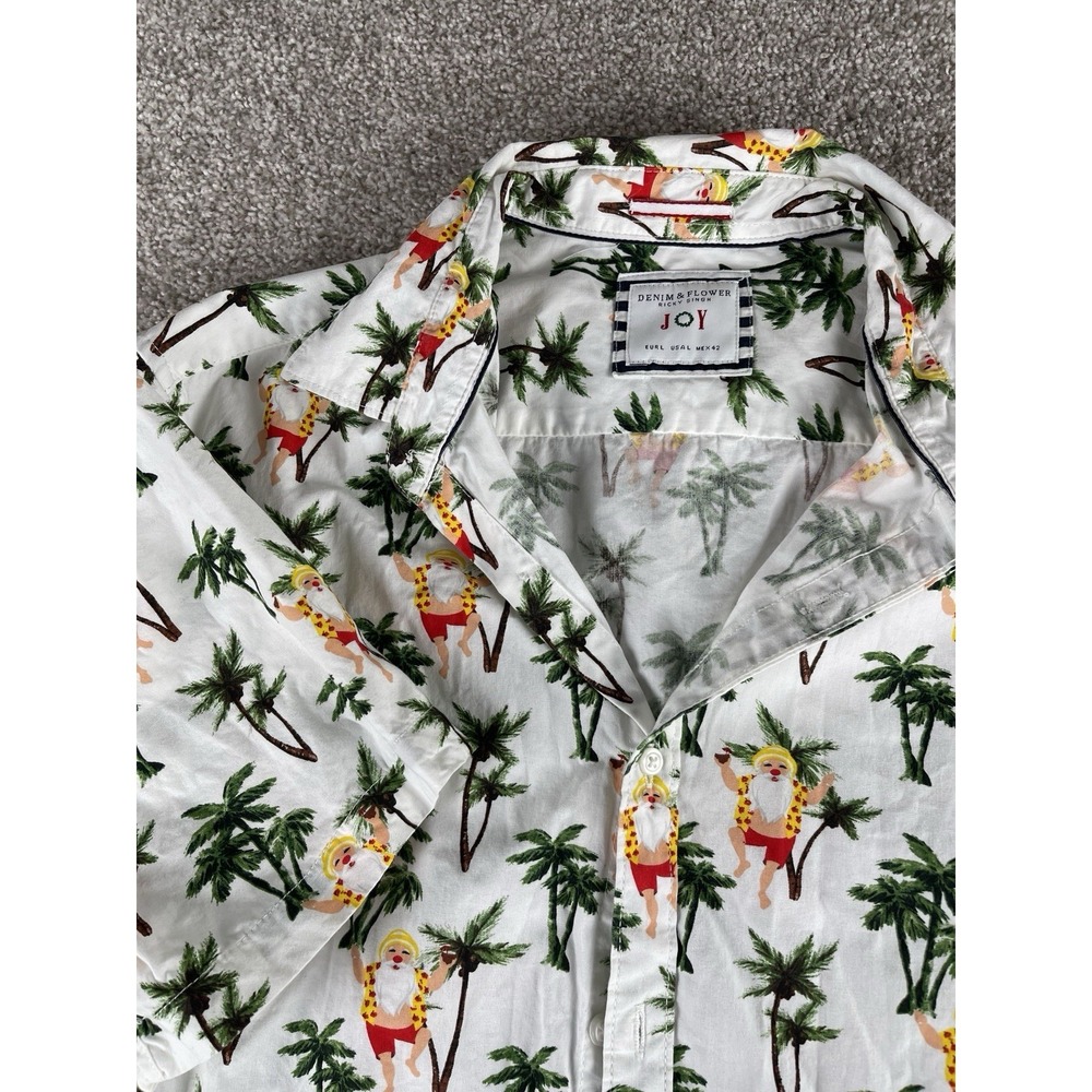 Denim & Flower Ricky Singh Joy Shirt Hawaiian Santa Claus Palm Tree Men M Cotton